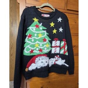 Ugly Christmas Sweater Size Large Kittens Cats Black Red Fuzzy Holiday